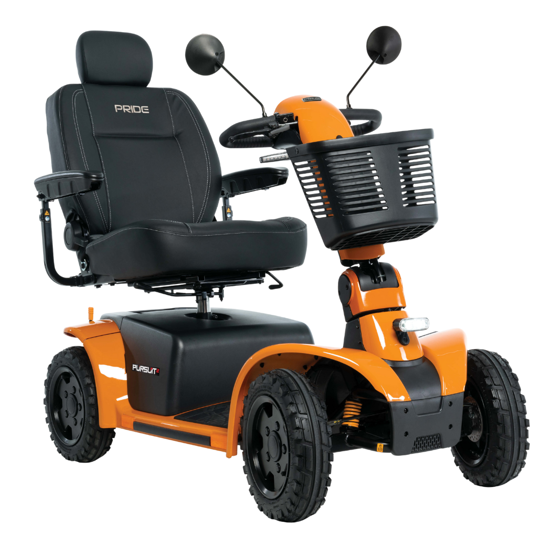 The Pride Mobility Pursuit® 2 Offroad HD Scooter is a durable, lightweight, four-wheeled orange and black outdoor scooter with a padded seat, armrests, front basket, side mirrors, sturdy tires, and visible branding on the seat.